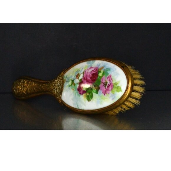 Vintage Hair Brush Gilt Handle Trim Floral Pattern Backing Regency MCM Decor - Picture 2 of 8